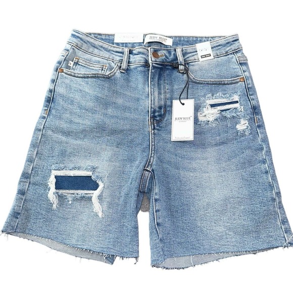 Judy Blue Pants - Judy Blue Women’s Size Large Blue Denim Patch Hi-Waisted Mid Length Shorts NWT